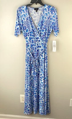 MSK 人造裹身连衣裙蓝色白色花卉 V 领弹力长裙 M 码全新带标签 — 第 1/4 张图片