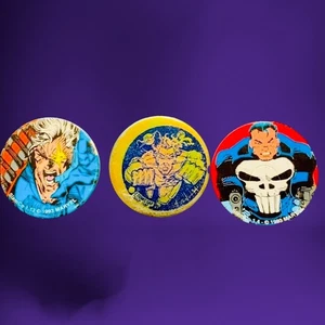 Vintage Marvel Comic Pogs Punisher Cable Collectors 1994 Metal Z Comic Cap Slammer - Bild 1 von 6