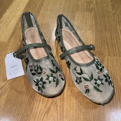 Embroidered Mesh Ballet Flats Mary Jane Shoes Green Floral Womens 7 Cottagecore - Image 1 of 4