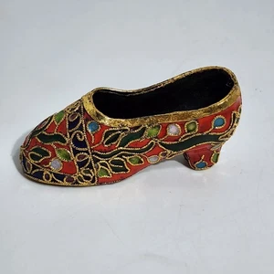Enameled Cloisonne Miniature Shoe With Floral Design & Gold Detailing - Picture 1 of 10