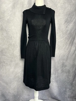 Vintage 1970s Goldworm Black 100% Merino Wool Foldover Collar Sweater Dress XS/S - Image 1 of 4
