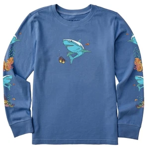 Life is Good. Kids Shark Reef Long Sleeve Crusher Tee, Vintage Blue - Picture 1 of 3