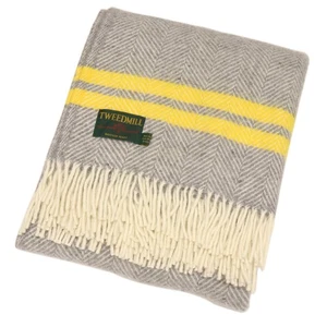 Tweedmill Wolle Fischgrät Doppelstreifen Grau & Gelb Überwurf 100% Wolldecke - Bild 1 von 5