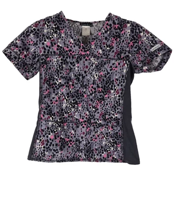Cherokee Scrub Top, Women's Size XS, Gray, Pink Black and White with two pockets - Image 1 of 4