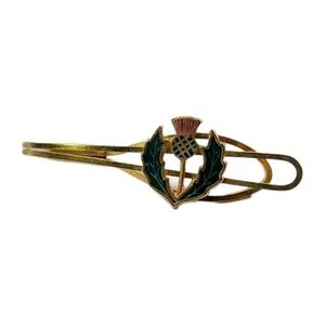 Vintage Gold Tone & Enamelled Scottish Thistle Tie Bar Clip - Gents Accessory - Picture 1 of 6