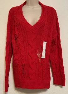 Wild Fable Womens Red V Neck Destructed Pullover Sweater Size M - Picture 1 of 4