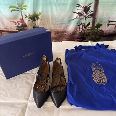 Aquazzura | Christy Puntera Punta con Cordones Negro Napa Ballet Talla Plana 40 / EE. UU. 10 Foto 1 de 4