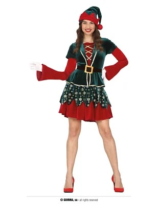COSTUME CARNEVALE ELFA ADULTA VESTITO GUIRCA ELFO AIUTANTE BABBO NATALE DONNA