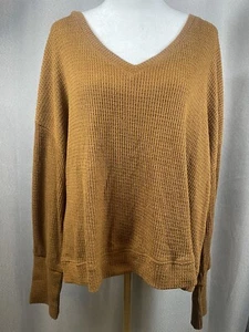Sanctuary Womens XL Brown Long Sleeve V Neck Waffle Knit Top Shirt Blouse NWT - Picture 1 of 10
