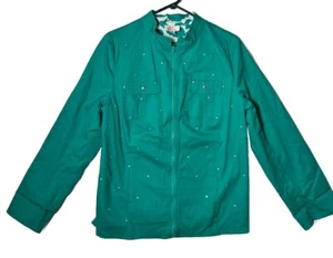 Quacker Factory Women’s Denim Jacket Size Medium Teal Blue Jeweled, Zip, Lined - Picture 1 of 8