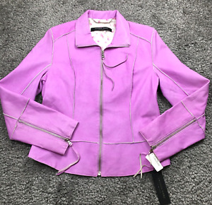 Andrew Marc Womens Full Zipper Leather Jacket Size L Purple NWT $495 New York 