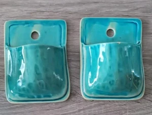 2 Ceramic 6” Teal Wall Pocket Vase Decorative Wall Hanging Pockets. - Bild 1 von 5