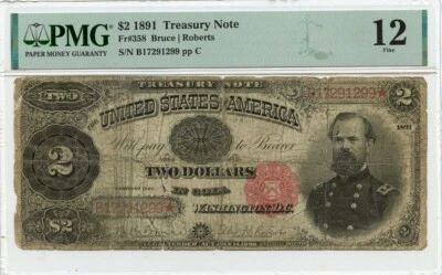 1891 $2 Treasury Note Small Red Scalloped Fr# 358 PMG F12 - Image 1 of 2