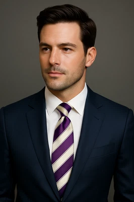 Corbata Express para hombre 100 % seda - rayas moradas y crema, 3,5” de ancho Foto 1 de 4