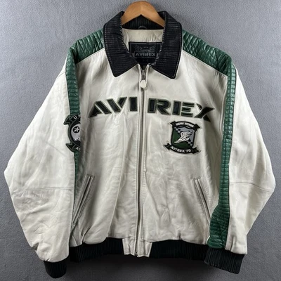 Chaqueta de cuero Avirex vintage para hombre 3XL blanca verde parches de fútbol universitario años 90 Foto 1 de 4