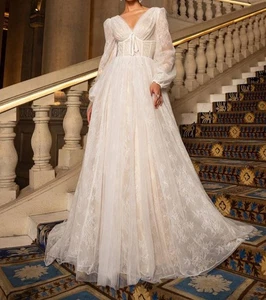 Feeniesty wunderschönes Korsett Mieder Laternenärmel transparente Spitze Brautkleid XS neu mit Etikett - Bild 1 von 24