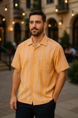 Peter Millar Men’s Linen Cotton Striped Short Sleeve Button Up Shirt Orange XL - Image 1 of 4
