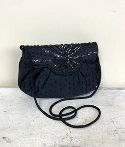 Vintage St Michael Black Beaded Handbag Shoulder Bag 80s Evening Occasion Wear - Picture 1 of 8