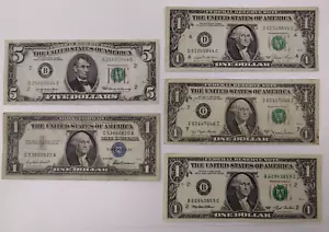 1969 $5 bill 1977 one dollar bill 1957 silver blue seal note 1981 $1 1993 - Picture 1 of 13