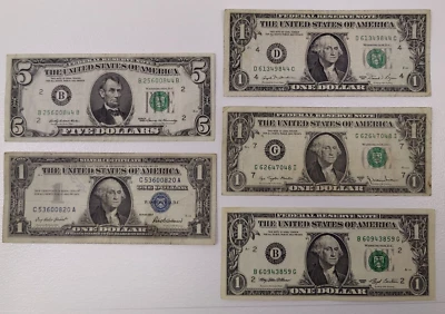 1969 $5 bill 1977 one dollar bill 1957 silver blue seal note 1981 $1 1993 - Image 1 of 4