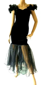 Vintage 1980s Dress Black Velvet Bodycon Mermaid Opera by Richards UK 8 - Picture 1 of 12
