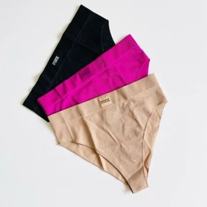 VS PINK LARGE 3PCS ribbed high rise bikini panties black beige fuchsia - Picture 1 of 7