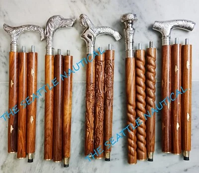 Conjunto de 5 bengala esculpida à mão com bengala antiga de latão prata - Imagem 1 de 4