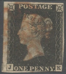 GB  QV 1840 Penny Black , (JK) , FINE Used RED Maltese Cross - Picture 1 of 2