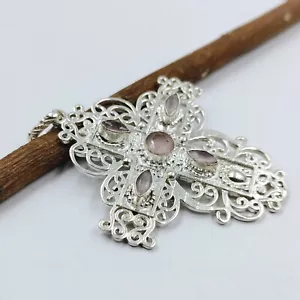 925 Sterling Silver Pink Cat's Eye Gemstone Handmade Jewelry Cross Pendant - Picture 1 of 6