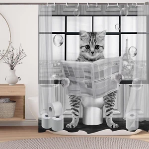 Cute Cat Shower Curtain, Funny Cat Reading on Toilet Shower Curtain Set, Black W - Picture 1 of 12