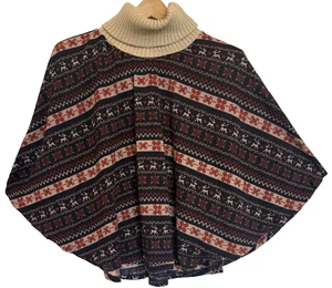 Miss Chievous Womens Cable Knit Turtleneck Poncho Size S Fair Isle Reindeer - Picture 1 of 8