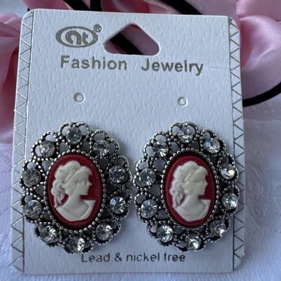 Pendientes clásicos camafeo rosa oscuro circonita cúbica tono plata ovalados NUEVO Foto 1 de 4