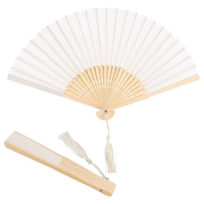 White Silk Folding Fans, Handheld Bamboo Craft Fans for Party  DIY Decoration - Image 1 of 4