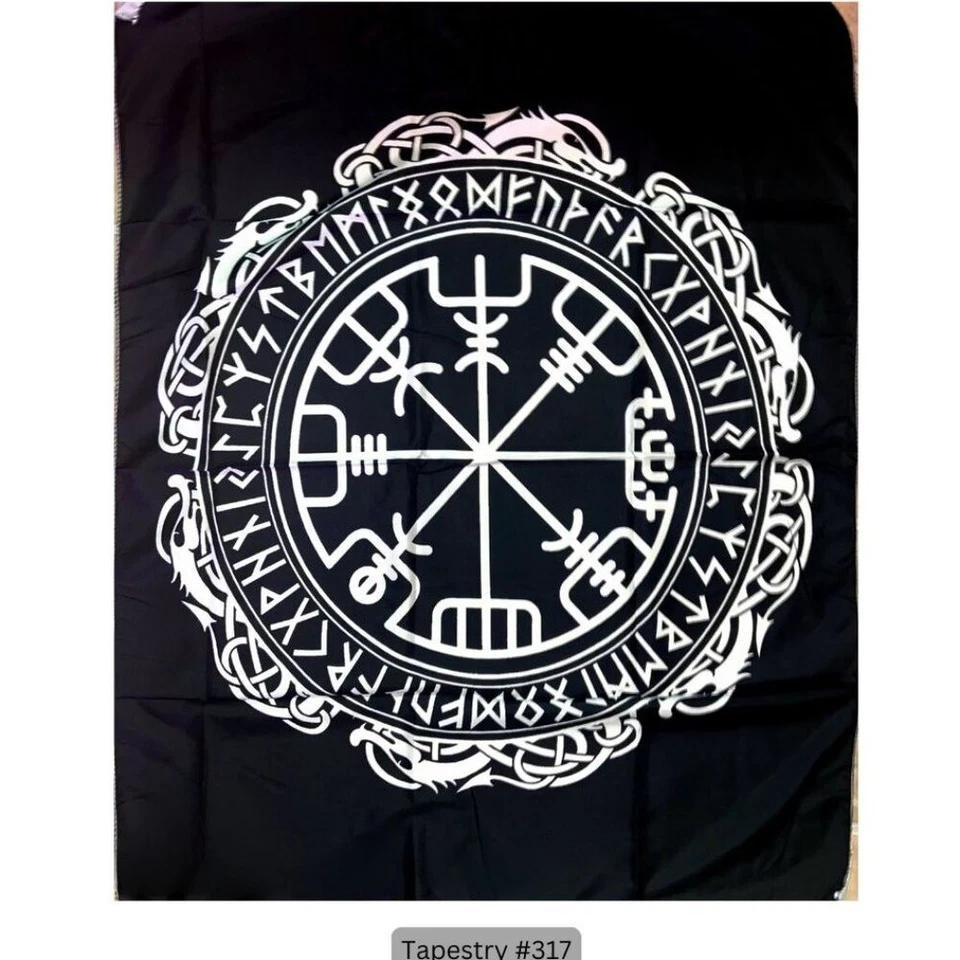 Brújula vikinga runa tapiz colgante de pared negro blanco decoración mitología nórdica Foto 1 de 1