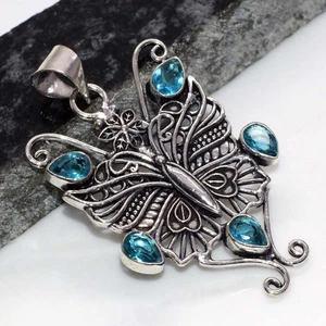 Butterfly Blue Topaz Faceted 925 Silver Plated Gemstone Pendant 2.3" GW - Picture 1 of 3