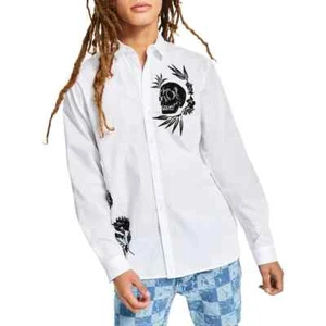 INC International Concepts $65 Floral Black Skull White Button Up Shirt XS NWT - Picture 1 of 4