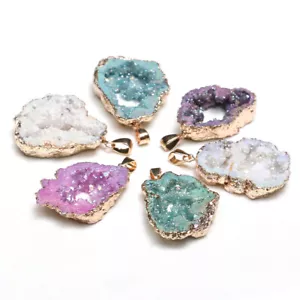 Gold Trim Gilded Titanium Crystal Agate Druzy Quartz Geode Pendant Bead - Picture 1 of 18
