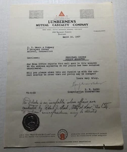 Letterhead Lumbermens Mutual Casualty Company 1937 Boston, Massachusetts. - Imagen 1 de 1