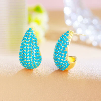 Elegantes Pendientes de Gota de Agua Turquesa Azul Chapados en Oro Circonita cúbica Joyería Regalo Foto 1 de 4
