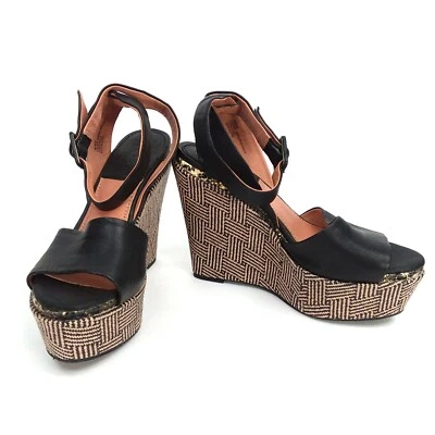 Bacio 61 Womens Piglio Wedge Raffia Platform Heels Sz 7.5 Black Tan Leather Y2K - Image 1 of 4