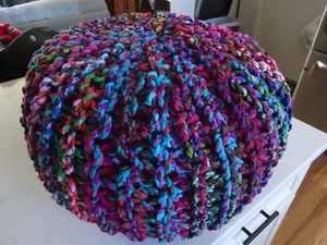 Multi Color Rag Crochet Purple Turquiose Round Foot Stool Ottoman Pouffe 18x12 - Picture 1 of 7