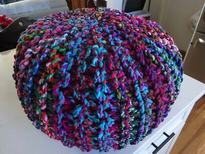 Multi Color Rag Crochet Purple Turquiose Round Foot Stool Ottoman Pouffe 18x12 - Image 1 of 4