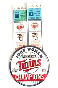 Minnesota Twins ALCS Spiel 1 zwei Ticket Stubs 1987 Pinback World Champions Series - Bild 1 von 9
