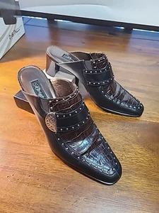 Brighton Mules Womens Sz 8 Black/Chocolate Brown Croc Pebbled Leather Shoes - Picture 1 of 21