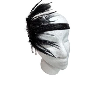 Flappers Style Black Rhinestone Feathered Headband Art Deco Style One Size Adult - Picture 1 of 6