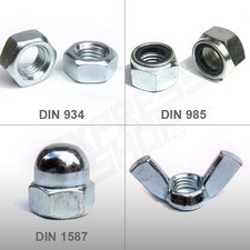 Muttern Sicherungsmuttern Hutmuttern Flügelmuttern Sechskant DIN 934, 985, 1587