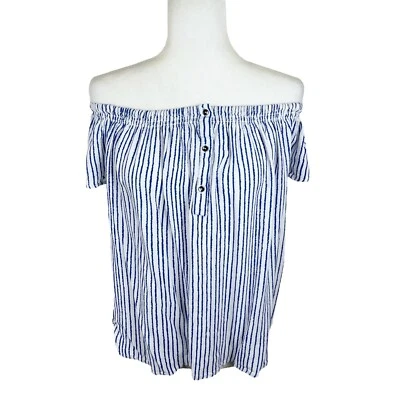 Kenneth Cole Blouse Women Medium Blue White Short Sleeve Henley Casual Top - Image 1 of 4