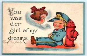 POSTAL 1914 You Was der Girl of my Dreams bombero hidrante niña con arco para el pelo - Imagen 1 de 2