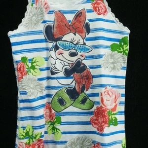 Disney Minnie Mouse M Kids White Blue Stripes Lace Trim Rhinestones Crystals - Picture 1 of 4
