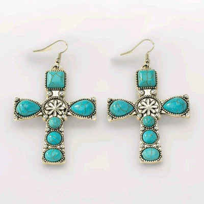 Pendientes colgantes cruz grande turquesa imitación con detalles plateados anzuelo trasero nuevos Foto 1 de 4